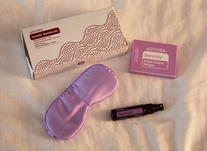 Serenity sleep system shows Serenity essential oil, Softgels and Serenity Stik with valerian