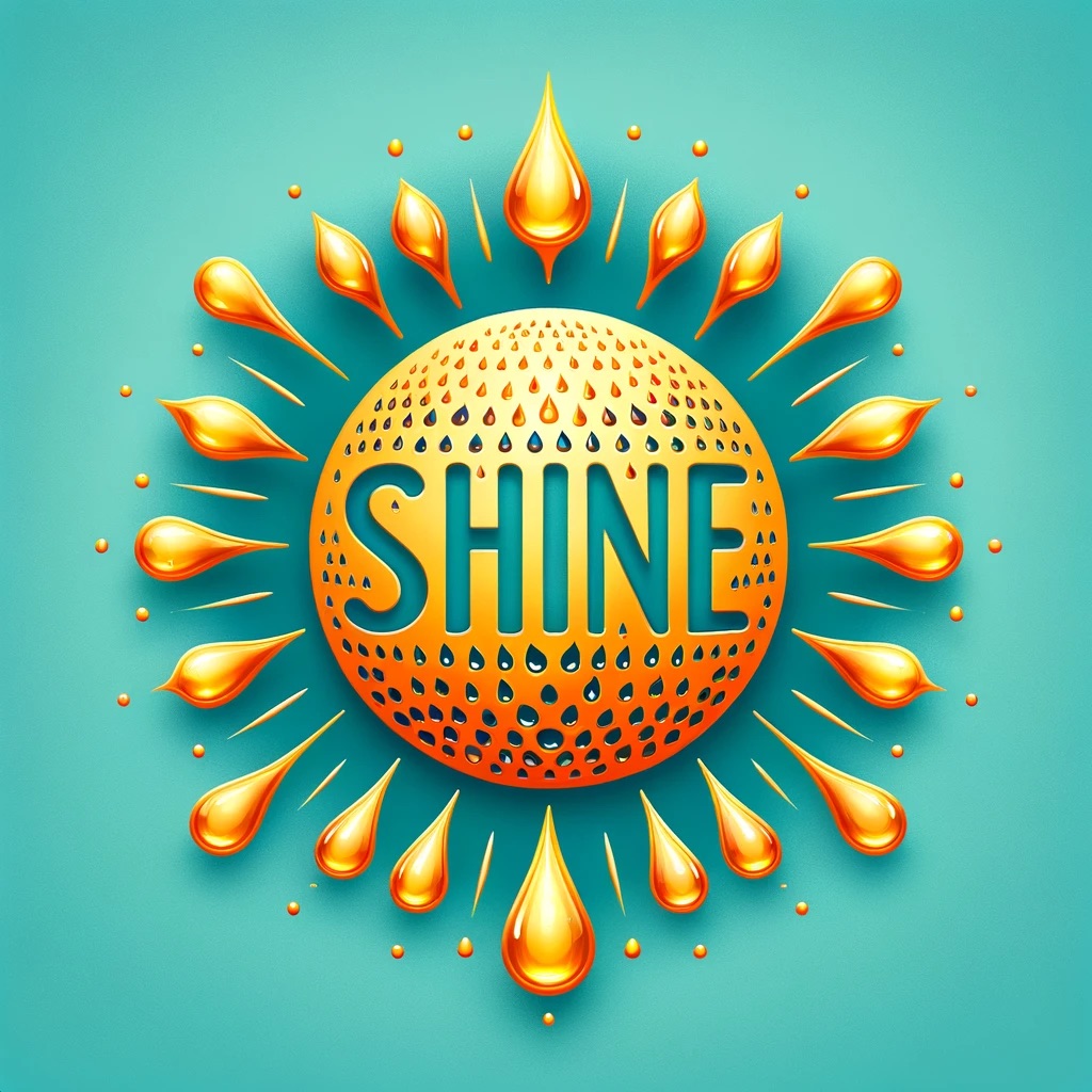 Graphic illustration of a radiant sun with rays made from glossy drops of essential oil, set against a vibrant turquoise sky. The word 'shine' is clearly spelled out in bold, legible, turquoise font across the center of the sun, which glows warmly, enhancing the image's bright and positive aura.