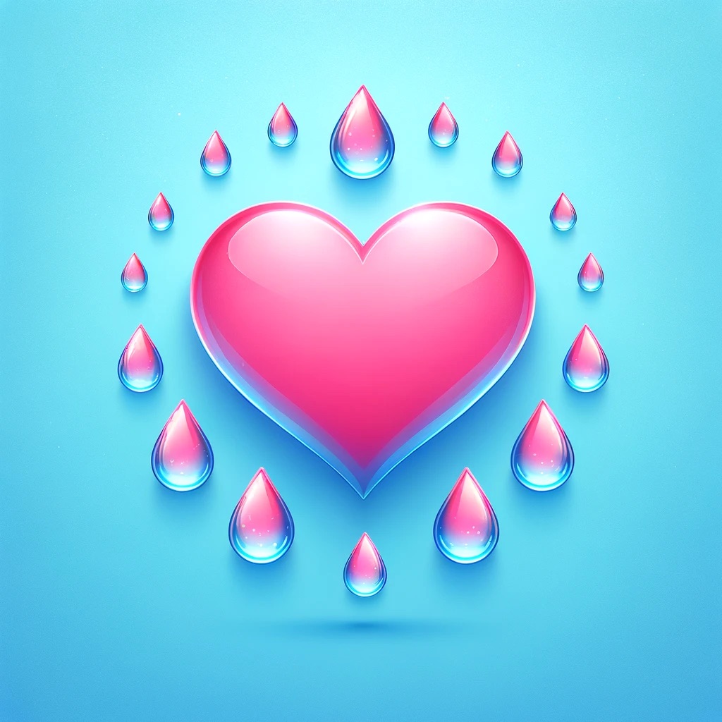 A digital illustration of a glossy pink heart centered on a light blue background, encircled by symmetrical glossy  droplets of essential oil in shades of pink and blue.