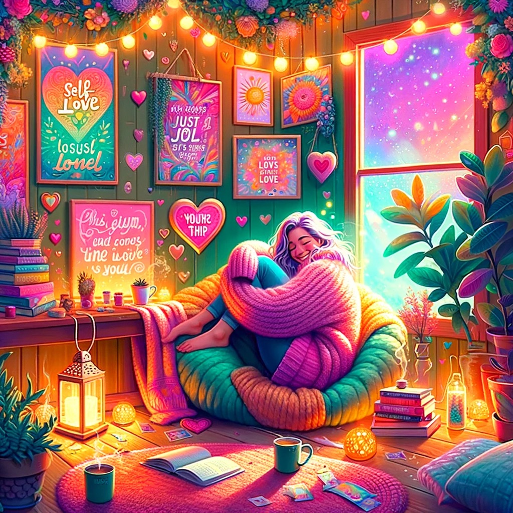 The image depicts a cozy, vibrant indoor scene focused on self-love and comfort. A woman with shoulder-length hair is curled up in a large, plush armchair that's a rich green color, wrapped in an oversized pink knitted blanket. The room is filled with warm, colorful lights and decorations. Several framed artworks and messages about self-love adorn the walls, with phrases like "Self Love," "Love," and "You're the best." The room is lit with string lights and has a magical, starry window that adds to the dreamy atmosphere.

Plants are scattered throughout the space, adding a touch of nature and tranquility. On the wooden floor, there's a green mug, an open book, playing cards spread out, and a glowing decorative orb. A small wooden table holds more plants, books, and a lit lantern, creating a serene ambiance. The overall mood of the image is one of warmth, comfort, and a celebration of self-care.