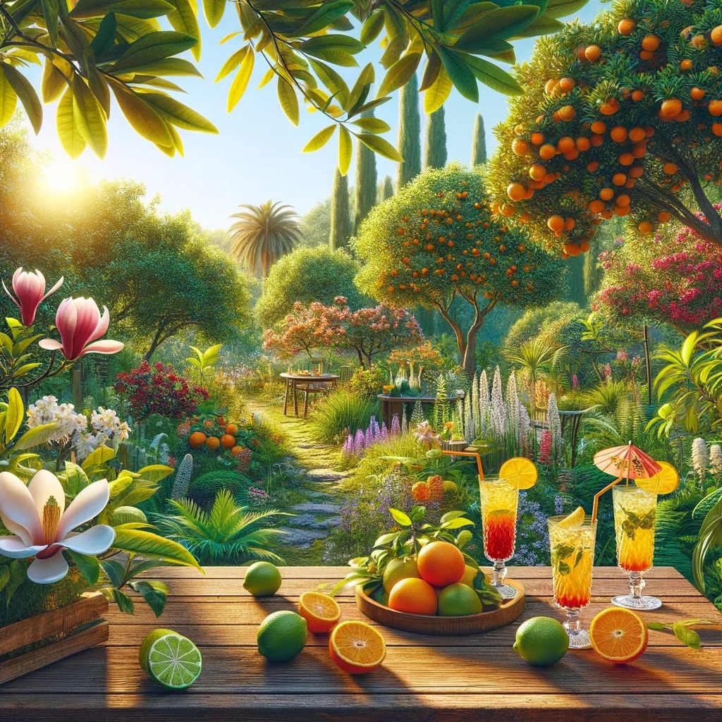 A serene and vibrant garden scene filled with a diverse array of plants: magnolia flowers in bloom, lush bitter orange trees, vibrant orange and lime trees, and fragrant osmanthus plants. In the foreground, a rustic wooden table holds glasses of tropical fruity drinks, each garnished with a small umbrella, inviting relaxation. The garden basks under a clear, sunny sky, embodying the essence of a thriving and peaceful retreat.