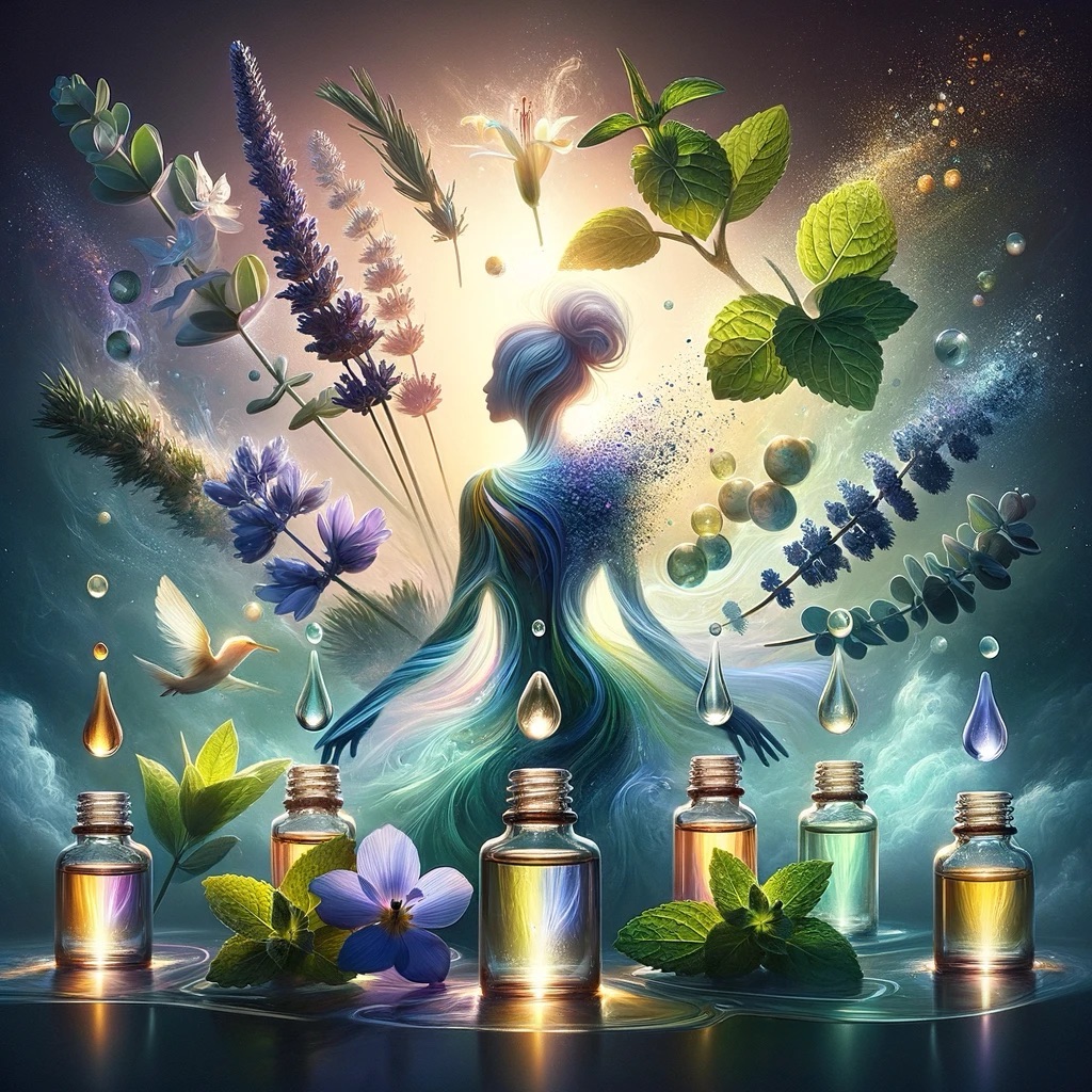 A vibrant, artistic representation of a woman merged with elements of nature. The woman's form is composed of flowing lines and swirls in shades of blue and green, resembling a gown made of water or wind. Surrounding her are various plants, flowers, and leaves, all rendered in a realistic yet fantastical style, with a sense of movement as if they are floating around her. The plants include lavender, eucalyptus, and mint, among others. Interspersed with the flora are bubbles and small glowing orbs, adding to the magical atmosphere.  At the bottom of the image, there are five small glass bottles with metallic caps, each containing a different colored liquid that seems to represent the essence of the plants above them. The bottles are arranged on a reflective surface, and one of the liquids is dripping into a bottle, suggesting the process of distillation or essence extraction. The overall impression is one of harmony and the blending of the natural world with a touch of mysticism.