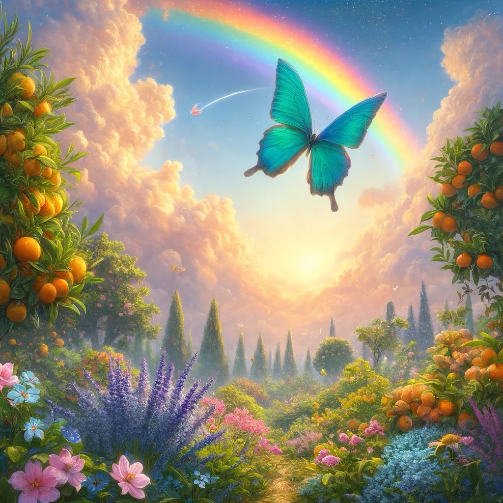 In the image, a serene and uplifting scene unfolds where a bright turquoise butterfly soars through a sky painted with multiple rainbows, each arching gracefully, imbued with a spectrum of colors that blend softly into one another. The sky radiates a sense of calm and optimism, symbolizing the promise of new beginnings and positive transformations. Below this enchanting sky lies a rich, verdant garden, a lush tapestry of nature's abundance. Towering trees laden with the vibrant hues of oranges, limes, and grapefruits stand majestically, their fruits gleaming under the gentle kiss of sunlight, suggesting a bountiful harvest. Interspersed among these citrus giants, fields of lavender, magnolia, and chamomile flowers bloom profusely, their petals vibrant against the green foliage, emitting a soothing blend of fragrances that evoke a deep sense of peace and rejuvenation. Osmanthus plants, with their sweet, apricot-like aroma, are sprinkled throughout the garden, adding to the symphony of scents and completing the landscape's nurturing embrace. This image is a visual ode to the beauty of embracing change, moving forward with hope and joy, and the perpetual renewal of life itself.