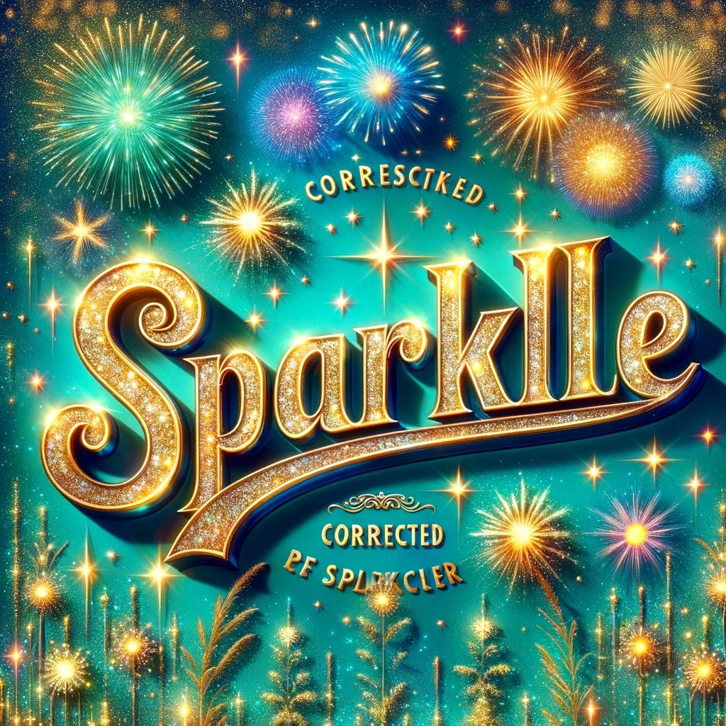 The image presents a lively scene with a radiant turquoise background, imbued with a fine gold glitter that sparkles across the entire view. Centered prominently is the word "SPARKLE," crafted in bold, elegant letters that appear to be made from glittering gold, reflecting light in a stunning fashion. Encircling this central text, a diverse collection of fireworks explodes in the sky, contributing to the celebratory ambiance. These fireworks display a wide range of colors including blues, greens, purples, and reds, with each explosion adding a layer of excitement and festivity to the overall image. The combination of the sparkling background, the golden text, and the colorful fireworks creates a vibrant and dynamic visual celebration.