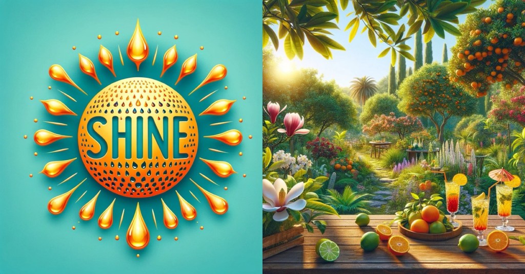 On left: Graphic illustration of a radiant sun with rays made from glossy drops of essential oil, set against a vibrant turquoise sky. The word 'shine' is clearly spelled out in bold, legible, turquoise font across the center of the sun, which glows warmly, enhancing the image's bright and positive aura. On right: A serene and vibrant garden scene filled with a diverse array of plants: magnolia flowers in bloom, lush bitter orange trees, vibrant orange and lime trees, and fragrant osmanthus plants. In the foreground, a rustic wooden table holds glasses of tropical fruity drinks, each garnished with a small umbrella, inviting relaxation. The garden basks under a clear, sunny sky, embodying the essence of a thriving and peaceful retreat.