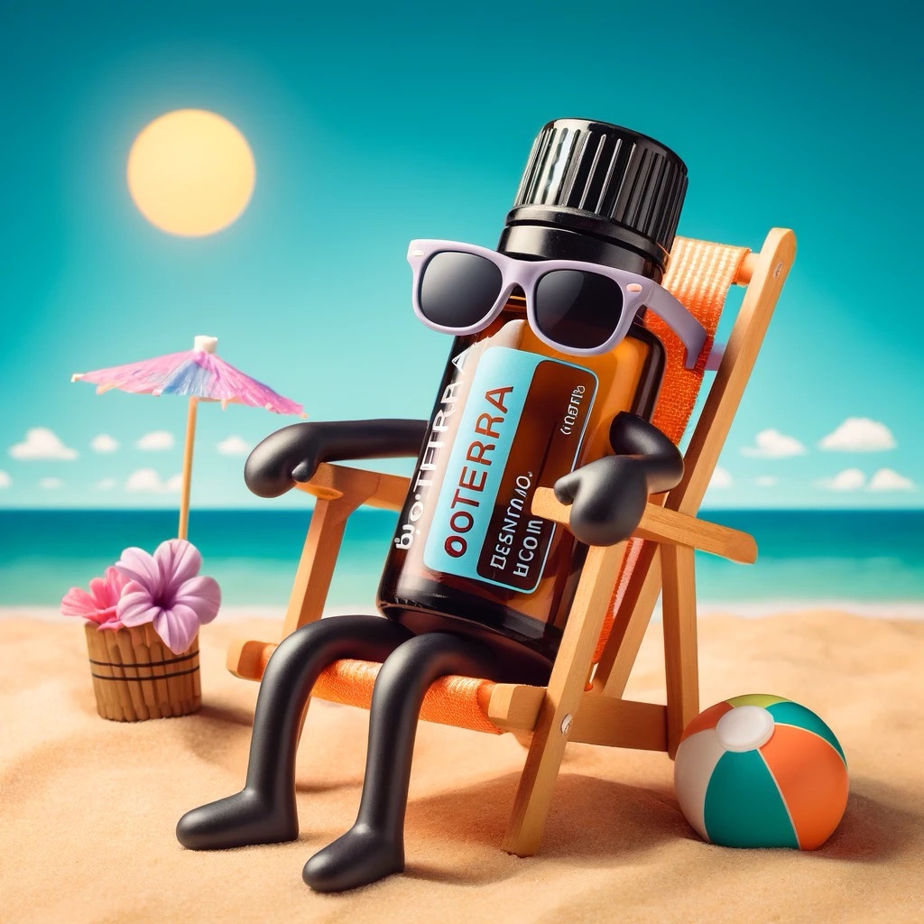 The image shows a whimsical scene where a bottle of essential oil is personified. The bottle is sitting on a beach chair, wearing sunglasses, and appears to be relaxing on a sandy beach. The background features a bright blue sky with a large sun, a calm ocean, and a few fluffy clouds. There is also a small beach umbrella and a colorful beach ball nearby, adding to the playful and summery atmosphere. The label on the bottle reads "OOTERRA."