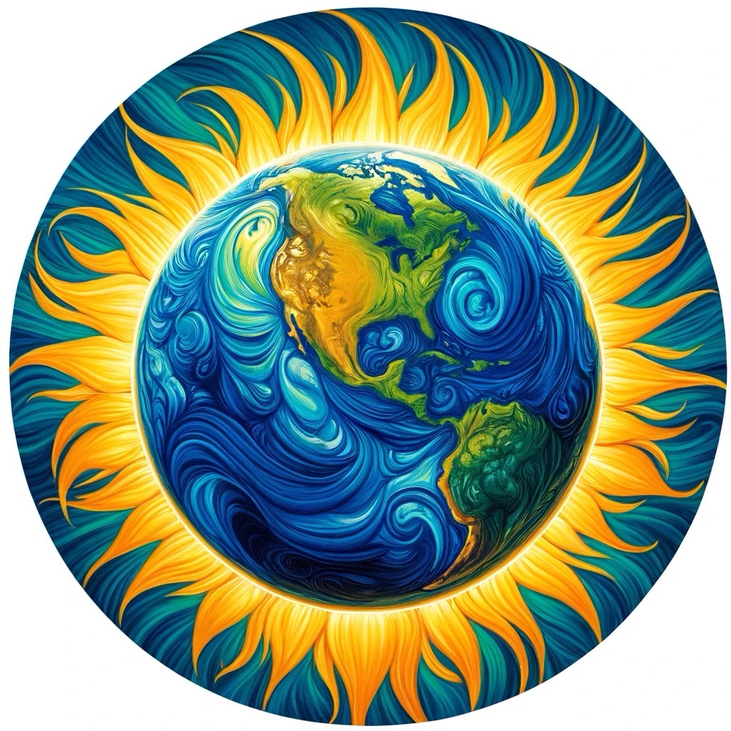 A vibrant, artistic representation of the Earth surrounded by a radiant sun. The Earth is depicted with swirling patterns in blue, green, and yellow, highlighting the continents and oceans. North and South America are prominently visible. Surrounding the Earth are bright, stylized sun rays in shades of yellow and orange, giving the impression of the Earth being enveloped by the sun's energy. The overall style is reminiscent of a painting with dynamic, flowing lines and vivid colors.