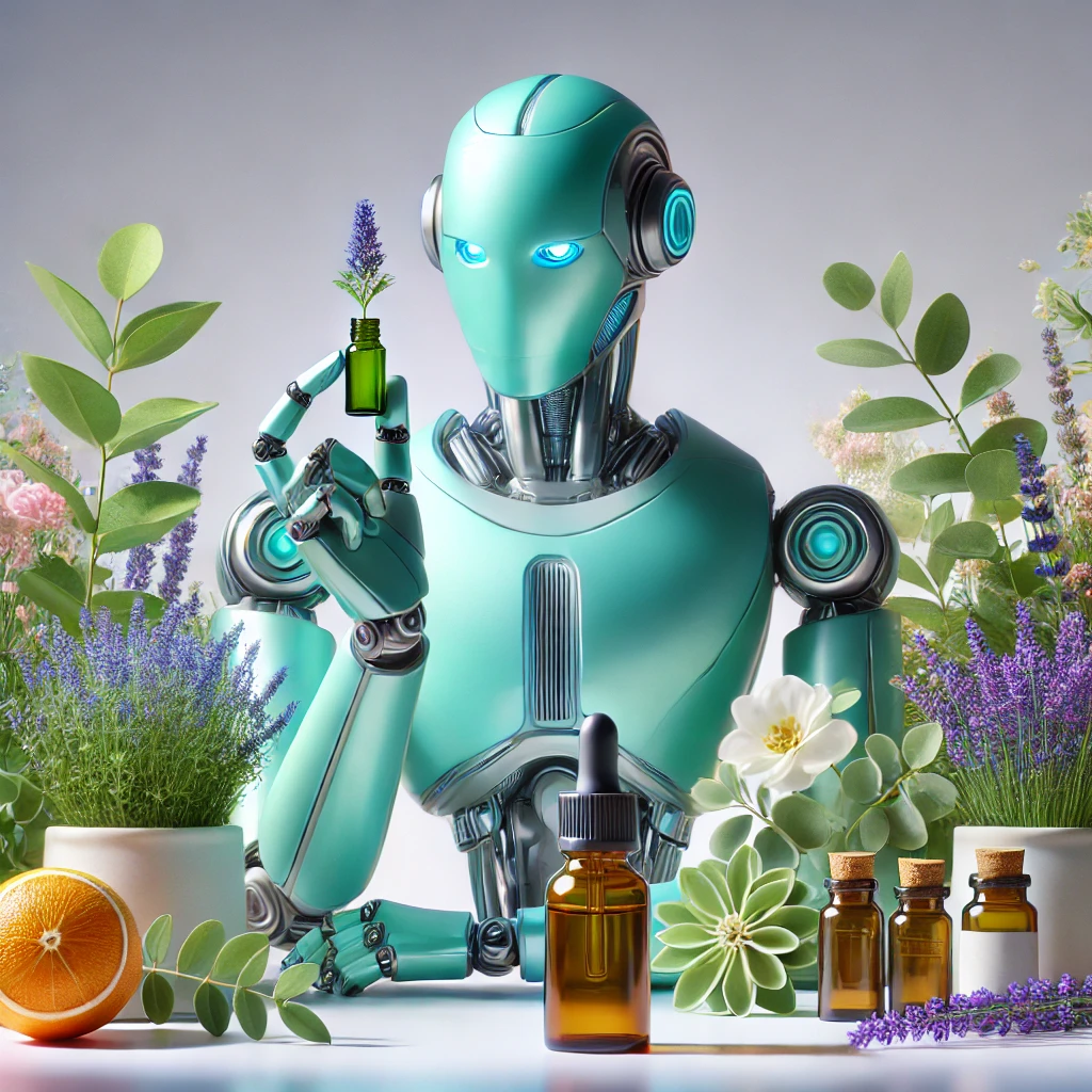 A futuristic robot with a sleek, turquoise-colored design is holding a small green bottle with a sprig of lavender in it. The scene is surrounded by various plants, flowers, and small amber glass bottles, some with dropper tops. The arrangement includes lavender, succulents, and an orange slice, suggesting a theme related to nature and essential oils. The background is softly lit, enhancing the vibrant colors and the contrast between the artificial and natural elements.