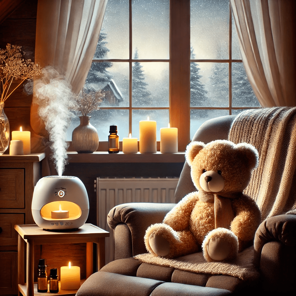 A cozy indoor winter scene featuring a teddy bear seated on a comfortable armchair draped with a knitted blanket. A small table beside the chair holds a modern humidifier emitting steam, surrounded by lit candles and essential oil bottles. The background showcases a large window with a snowy outdoor view of pine trees and a cabin, framed by sheer curtains. The warm glow of the candles adds to the inviting and serene atmosphere.