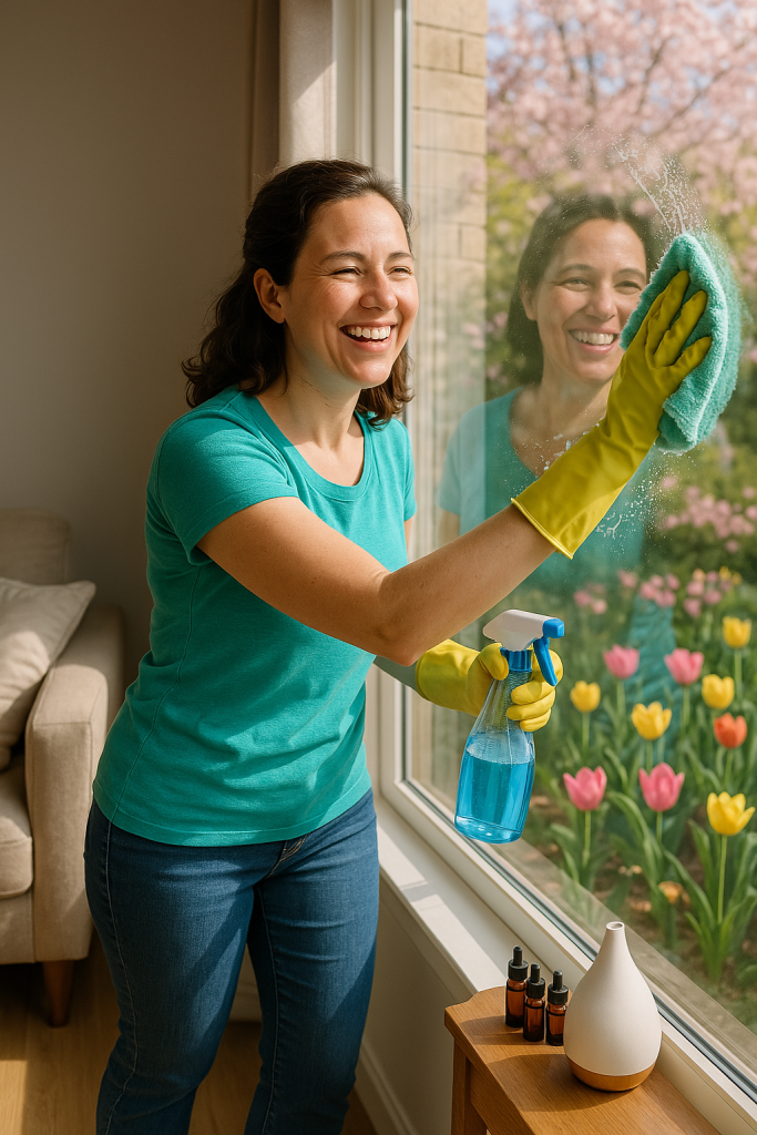 The scene depicts a cheerful individual engaged in cleaning a large window. They are wearing a teal short-sleeved shirt and blue jeans, with yellow rubber gloves for protection. They hold a blue spray bottle in one hand and a green cleaning cloth in the other, wiping the window. The reflection of their face is clearly visible on the glass. Outside the window, a vibrant garden is visible, featuring blooming tulips in shades of yellow, pink, and red, along with a tree adorned with pink blossoms. Inside the room, a beige upholstered armchair is partially visible on the left side, and a small wooden table with an essential oil diffuser and three small amber bottles is positioned in the foreground on the right. The setting suggests a bright and sunny day, with light streaming through the window, enhancing the cheerful atmosphere.