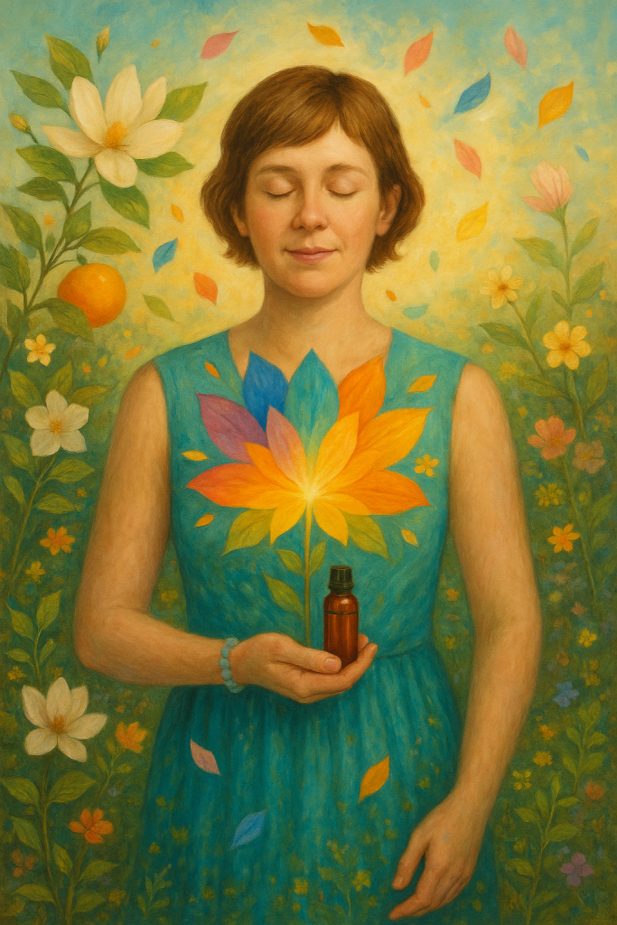 A serene painting of a woman with short brown hair wearing a blue dress. She is holding a small brown bottle in her hands, positioned close to her chest. A vibrant, multicolored flower radiates outward from the bottle, blending into her dress and the surrounding environment. The background features a soft, dreamy atmosphere with floating petals and a garden of flowers and greenery, including orange blossoms and other floral elements. She has her eyes closed, conveying a sense of peace and connection with nature.u